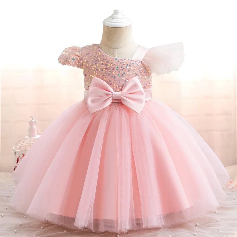 Robes de soirée à paillettes pour bébés filles, robe de princesse avec nœud pour baptême, mariage, anniversaire de 1 an, robe de demoiselle d'honneur en Tulle