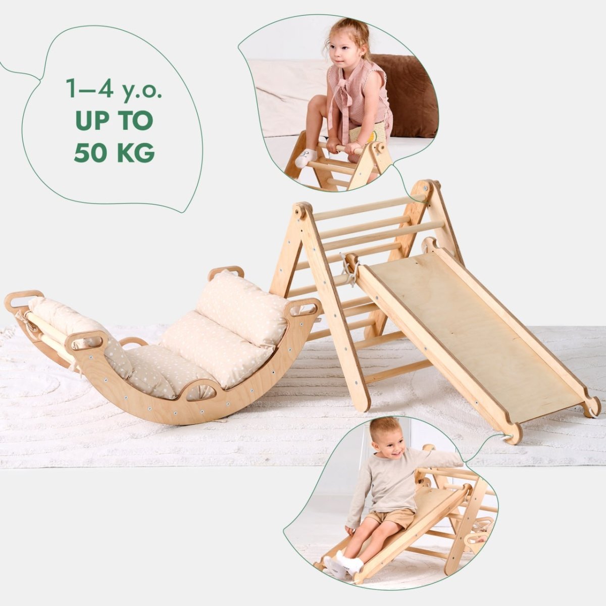 4in1 Montessori Climbing Set: Triangle Ladder + Climbing Arch + Slide Board + Cushion (1-3 y.o)-3