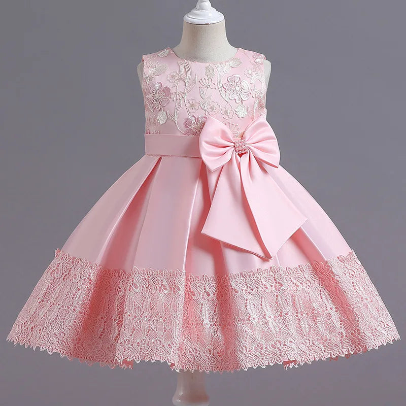 Robe Princesse Fille – Satin & Tulle – Nœud XXL et Broderies