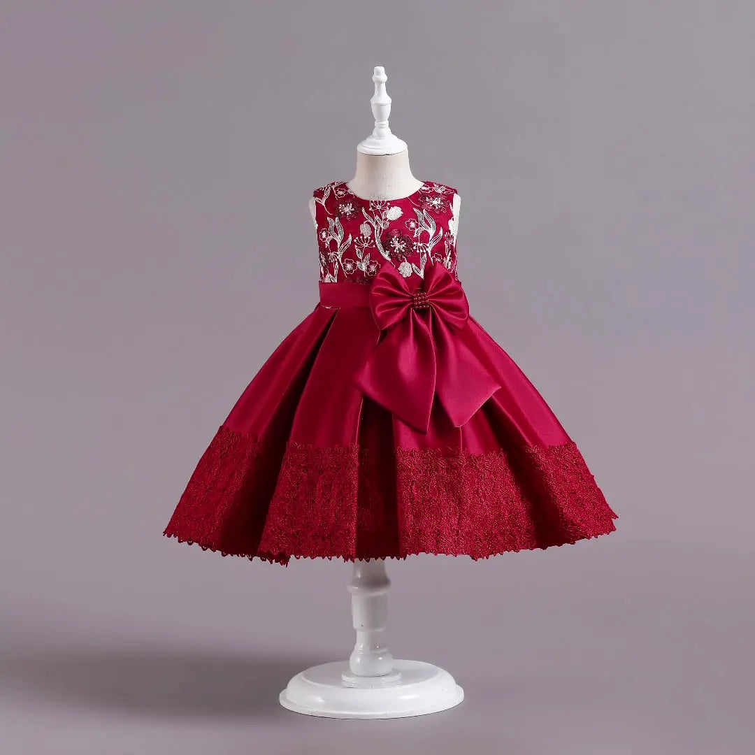 Robe Princesse Fille – Satin & Tulle – Nœud XXL et Broderies