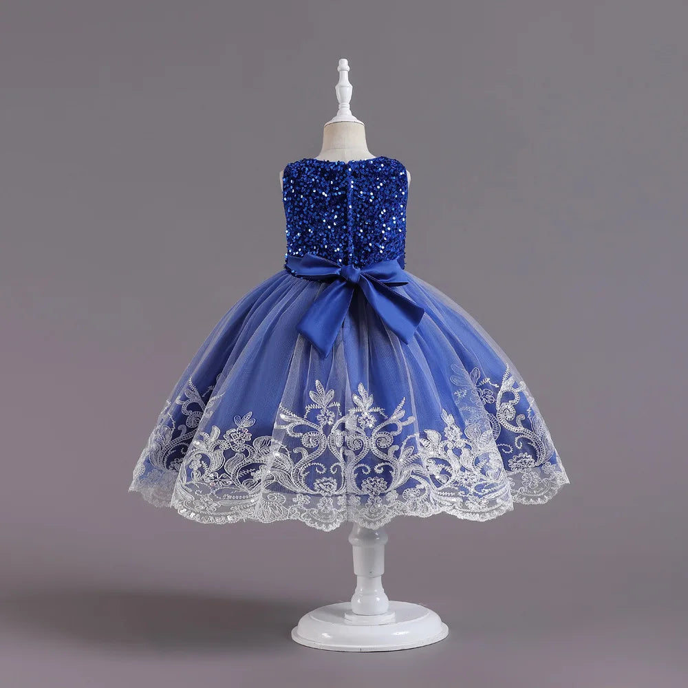 Robe en satin et dentelle à sequins, pour filles de 2 à 12 ans – Idéale pour fêtes et cérémonies