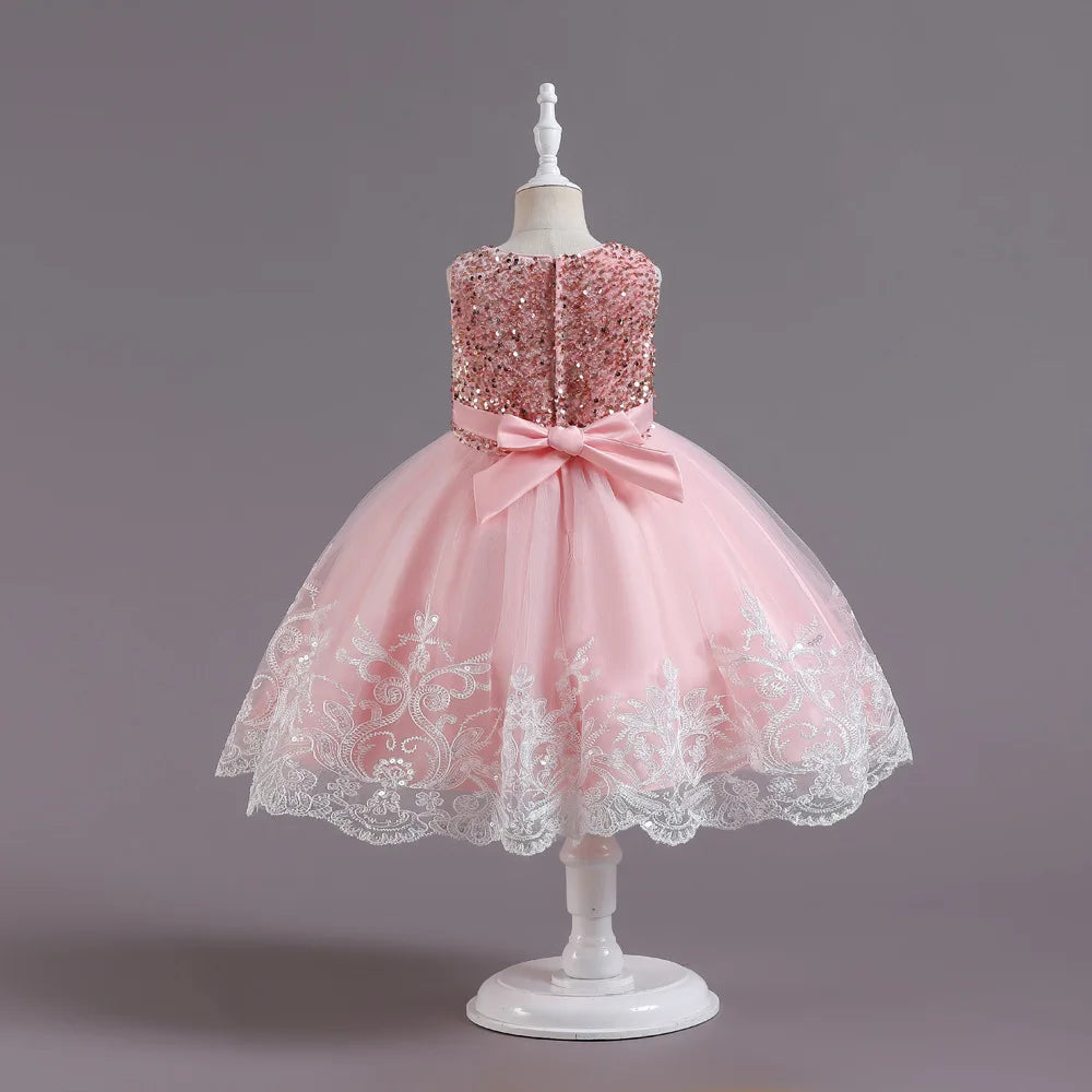 Robe en satin et dentelle à sequins, pour filles de 2 à 12 ans – Idéale pour fêtes et cérémonies