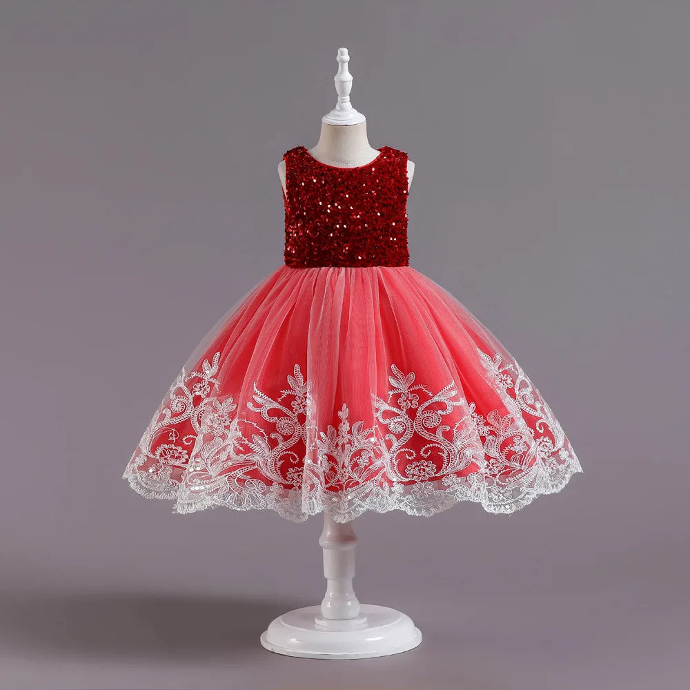 Robe en satin et dentelle à sequins, pour filles de 2 à 12 ans – Idéale pour fêtes et cérémonies