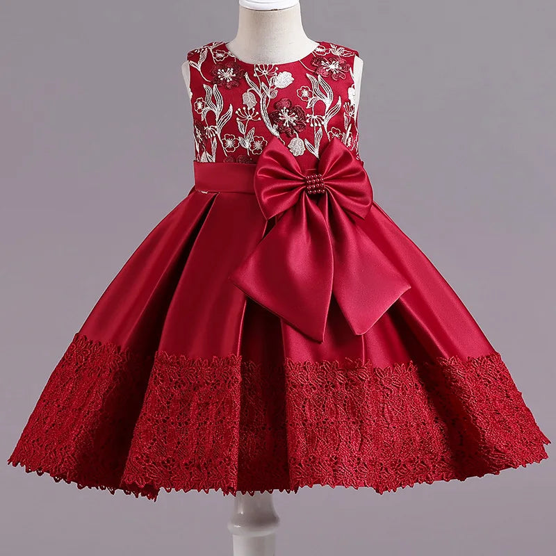 Robe Princesse Fille – Satin & Tulle – Nœud XXL et Broderies