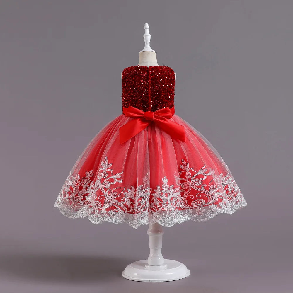 Robe en satin et dentelle à sequins, pour filles de 2 à 12 ans – Idéale pour fêtes et cérémonies