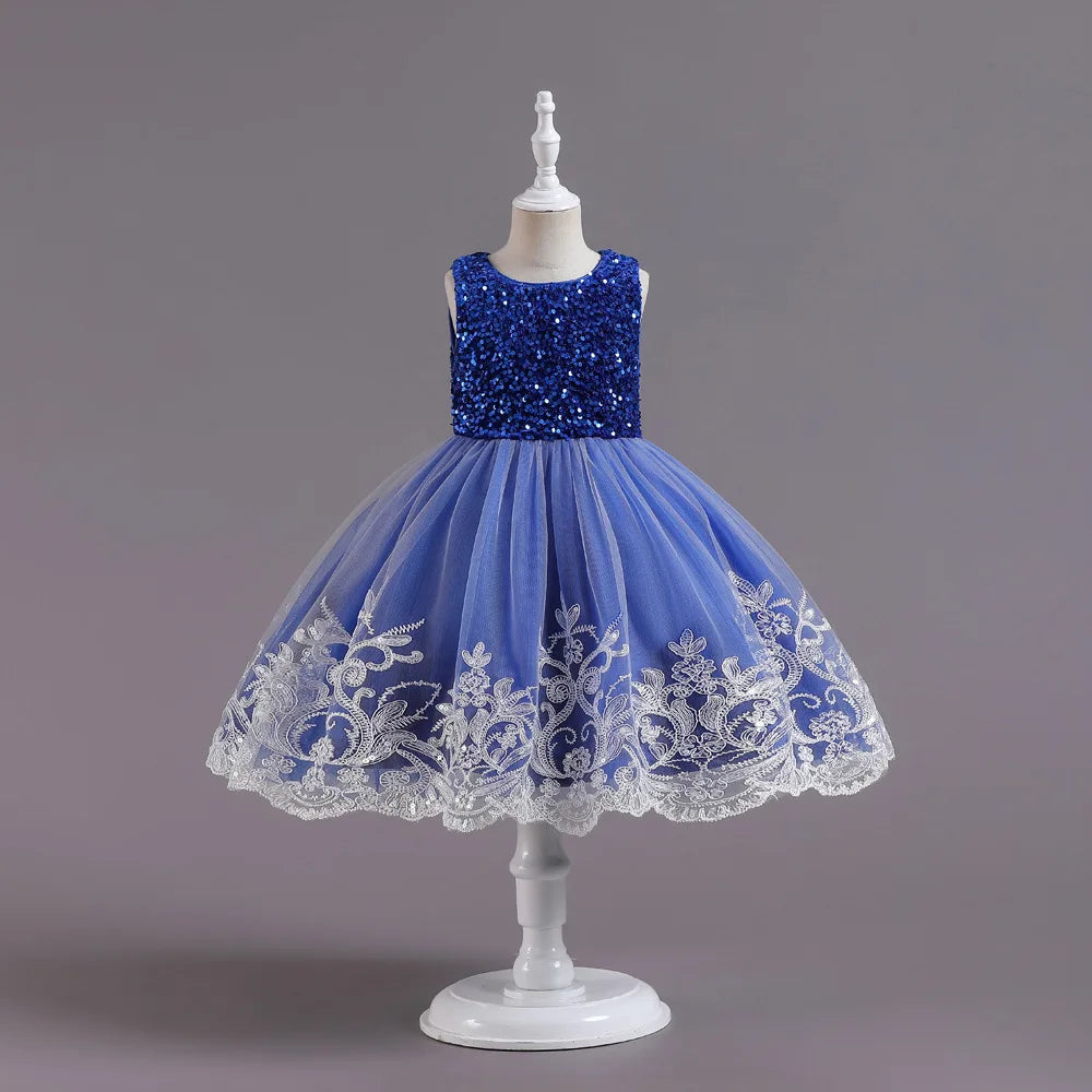 Robe en satin et dentelle à sequins, pour filles de 2 à 12 ans – Idéale pour fêtes et cérémonies