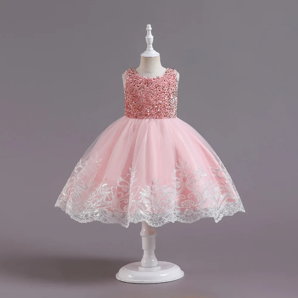 Robe en satin et dentelle à sequins, pour filles de 2 à 12 ans – Idéale pour fêtes et cérémonies