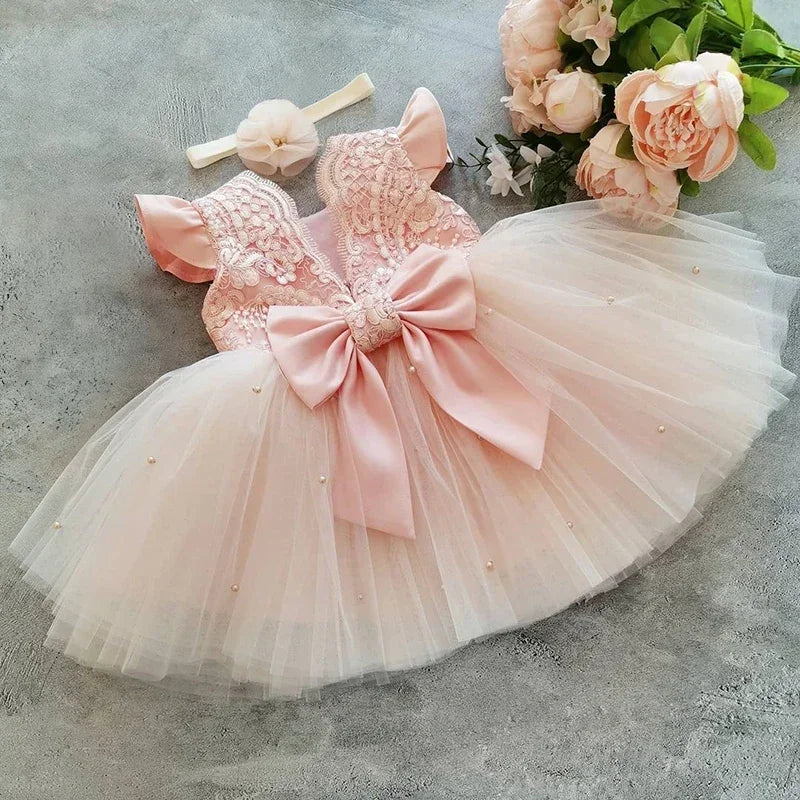 Robe tutu élégante avec nœud & manches évasées – Pour baptême, mariage, gala ou anniversaire
