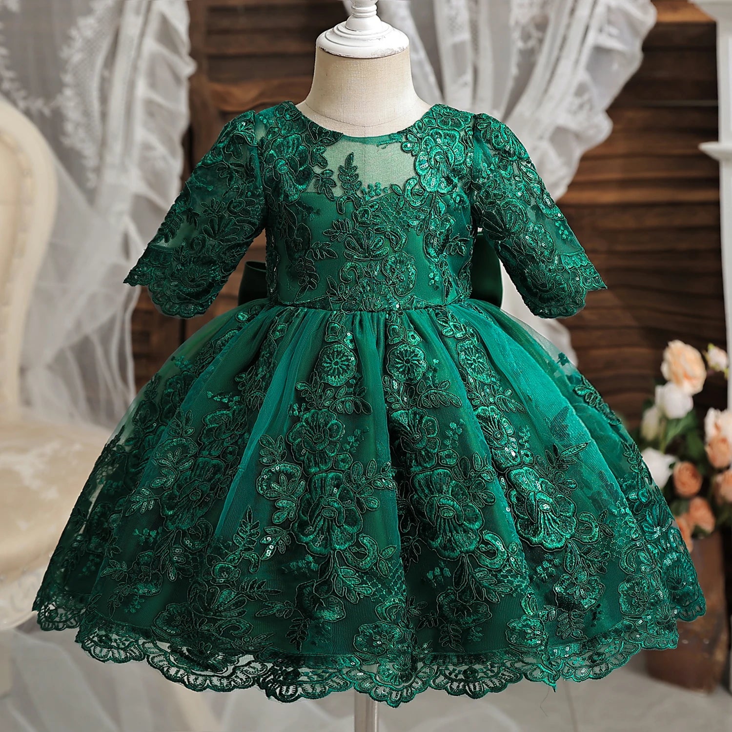 Robe de soirée de baptême pour filles, Costume de princesse de luxe brodé, dos nu, avec nœud, robe de mariée pour bébés, 1er anniversaire