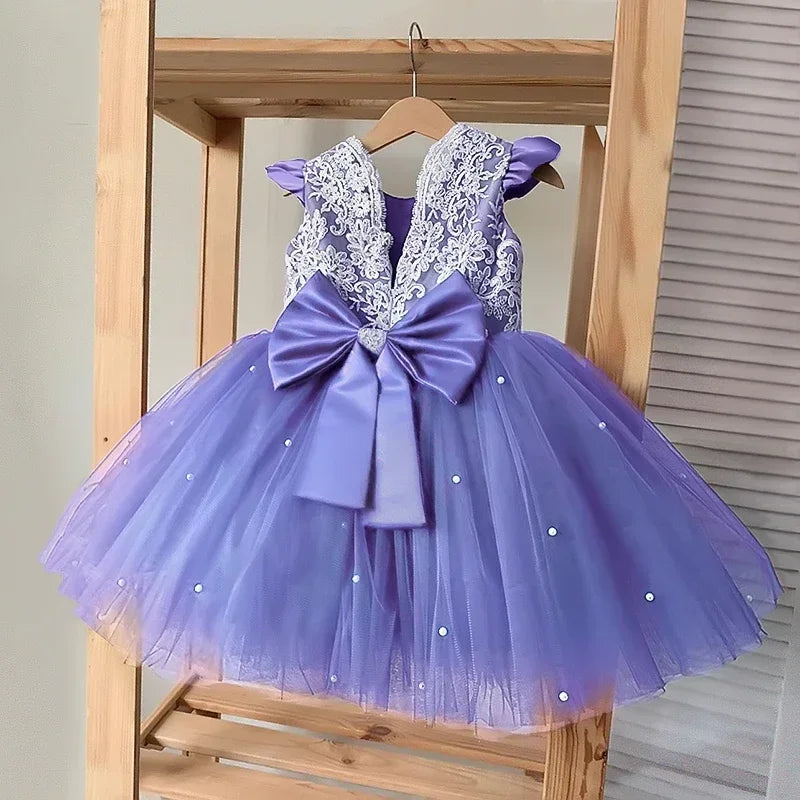 Robe tutu élégante avec nœud & manches évasées – Pour baptême, mariage, gala ou anniversaire
