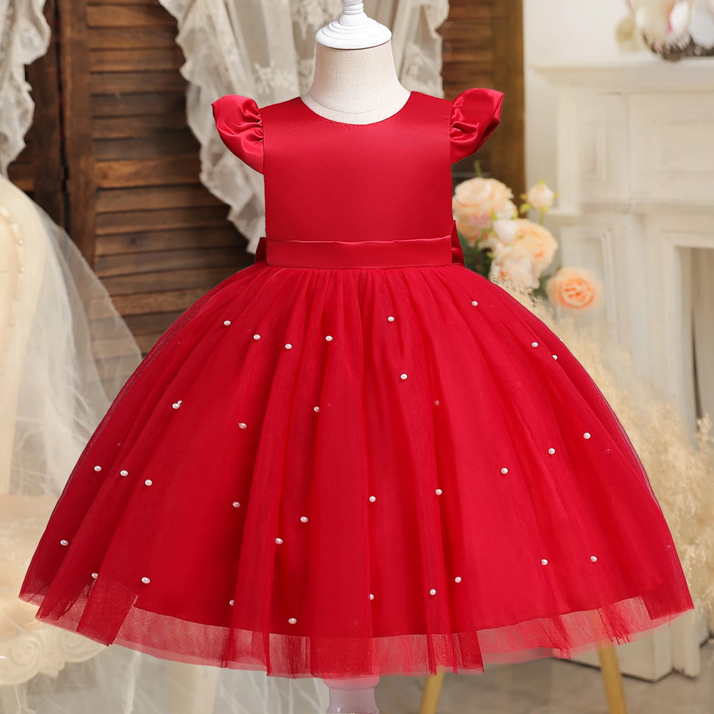 Robe de princesse de noël rouge pour petites filles, jolie robe Tutu de fête de 1er anniversaire pour nouveau-né, dos nu, avec nœud et perles, Costume de noël