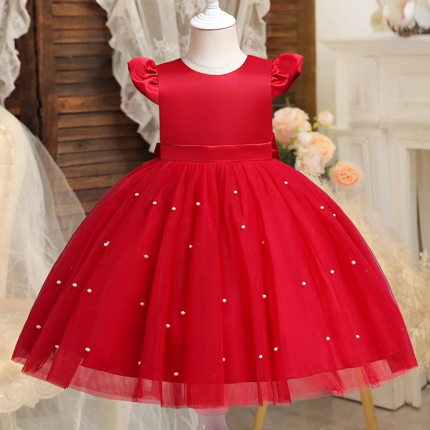 Robe de princesse de noël rouge pour petites filles, jolie robe Tutu de fête de 1er anniversaire pour nouveau-né, dos nu, avec nœud et perles, Costume de noël