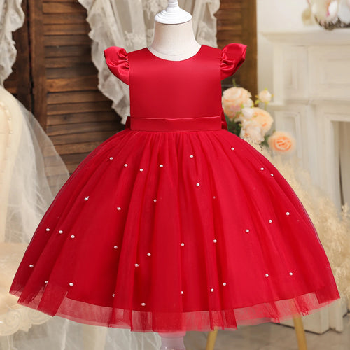 Robe de princesse de noël rouge pour petites filles, jolie robe Tutu de fête de 1er anniversaire pour nouveau-né, dos nu, avec nœud et perles, Costume de noël