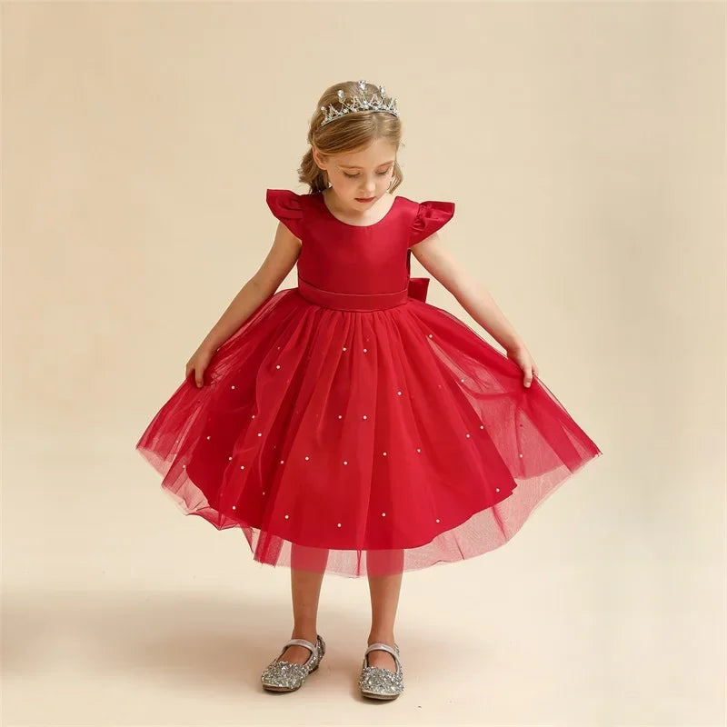 Robe de princesse de noël rouge pour petites filles, jolie robe Tutu de fête de 1er anniversaire pour nouveau-né, dos nu, avec nœud et perles, Costume de noël