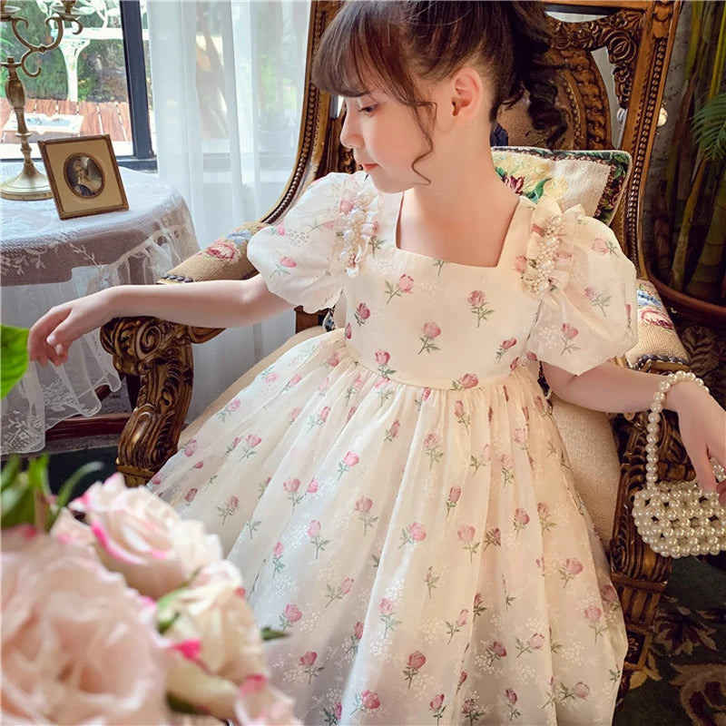 Robe de princesse pour filles, tenue de fête d'anniversaire pour enfants de 2 à 12 ans, à manches bouffantes, avec nœud, tutu, imprimé floral