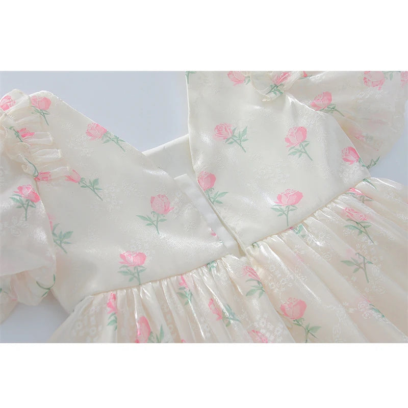 Robe de princesse pour filles, tenue de fête d'anniversaire pour enfants de 2 à 12 ans, à manches bouffantes, avec nœud, tutu, imprimé floral