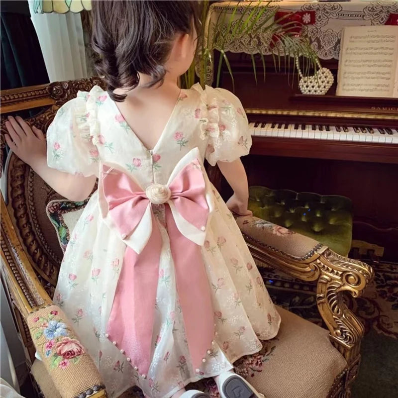 Robe de princesse pour filles, tenue de fête d'anniversaire pour enfants de 2 à 12 ans, à manches bouffantes, avec nœud, tutu, imprimé floral