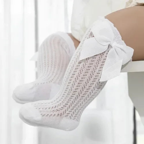 Chaussettes d'été en coton pour bébé fille de 0 à 24 mois, avec nœud en maille et dentelle, aux genoux, pour nouveau-né, princesse, longues, nouvelle collection 2024