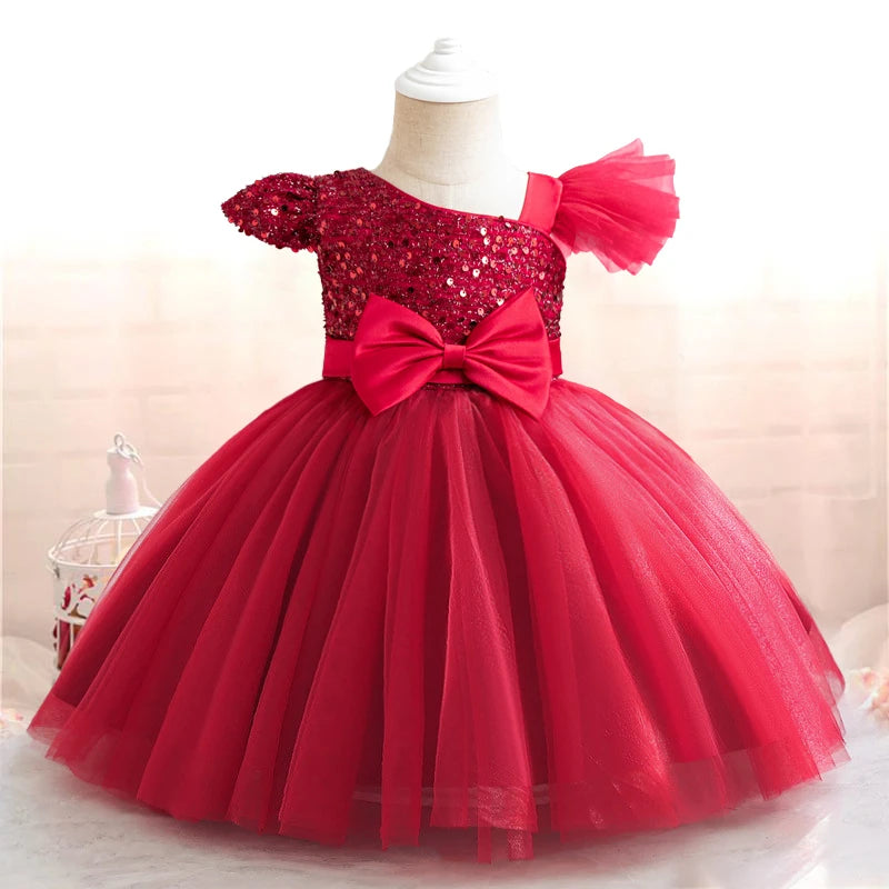 Robes de soirée à paillettes pour bébés filles, robe de princesse avec nœud pour baptême, mariage, anniversaire de 1 an, robe de demoiselle d'honneur en Tulle
