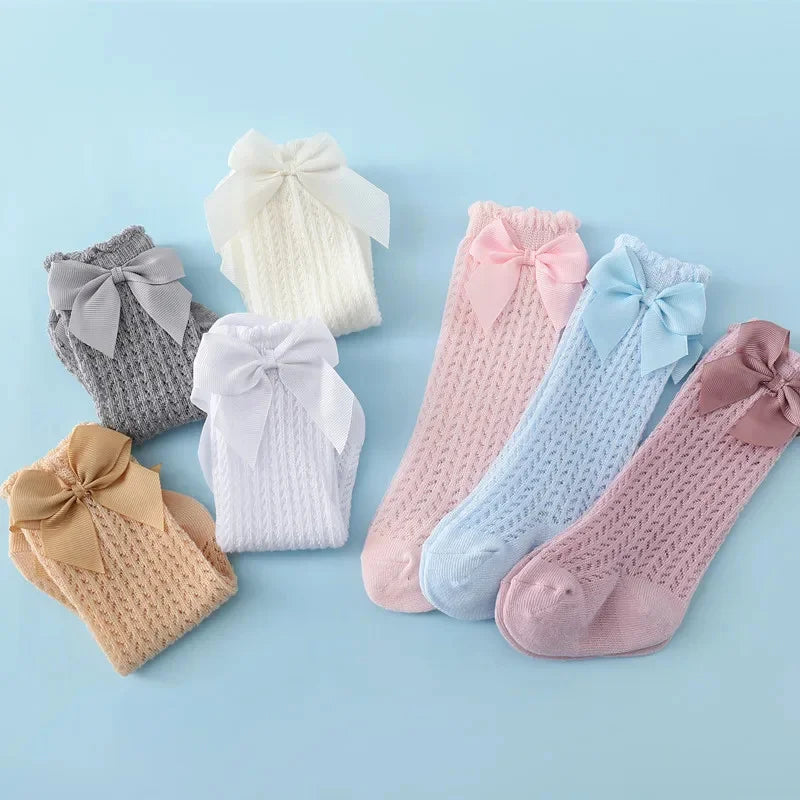Chaussettes d'été en coton pour bébé fille de 0 à 24 mois, avec nœud en maille et dentelle, aux genoux, pour nouveau-né, princesse, longues, nouvelle collection 2024