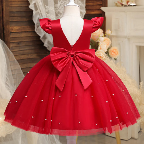 Robe de princesse de noël rouge pour petites filles, jolie robe Tutu de fête de 1er anniversaire pour nouveau-né, dos nu, avec nœud et perles, Costume de noël