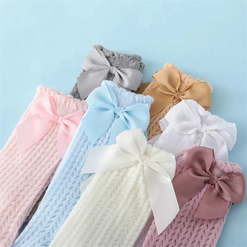 Chaussettes d'été en coton pour bébé fille de 0 à 24 mois, avec nœud en maille et dentelle, aux genoux, pour nouveau-né, princesse, longues, nouvelle collection 2024