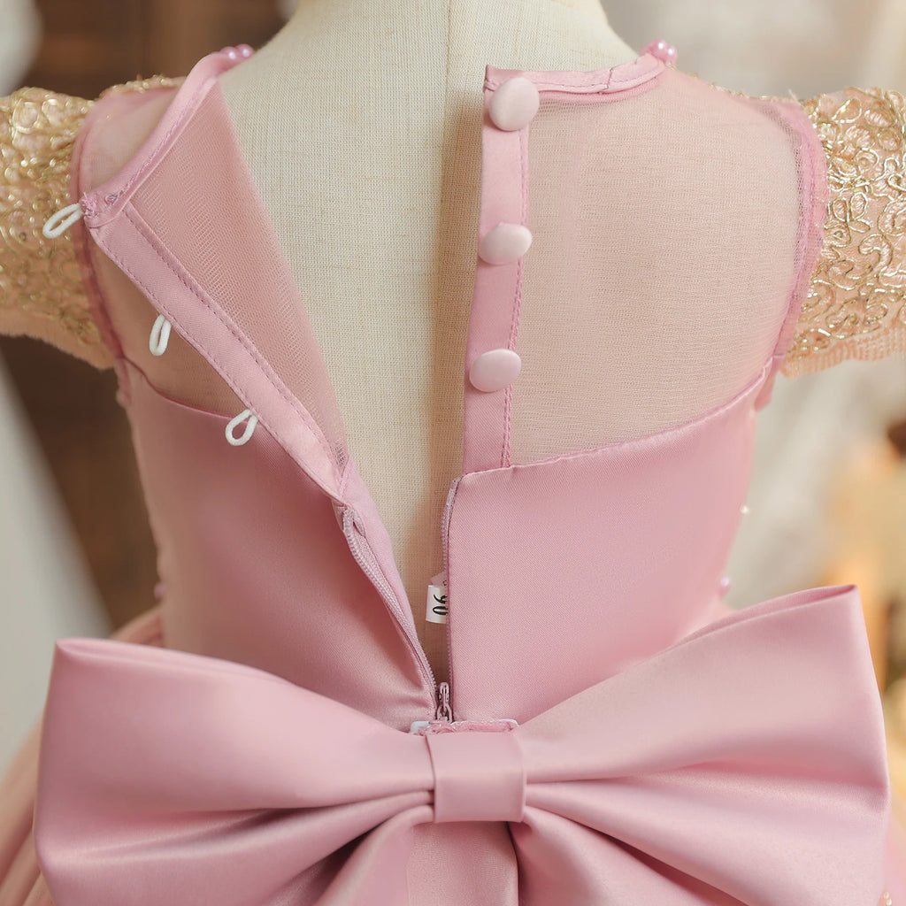 Robe de Princesse Dorée en Dentelle – Fille 9 mois à 5 ans Broderies délicates, volants raffinés – Pour anniversaire, baptême ou cérémonie