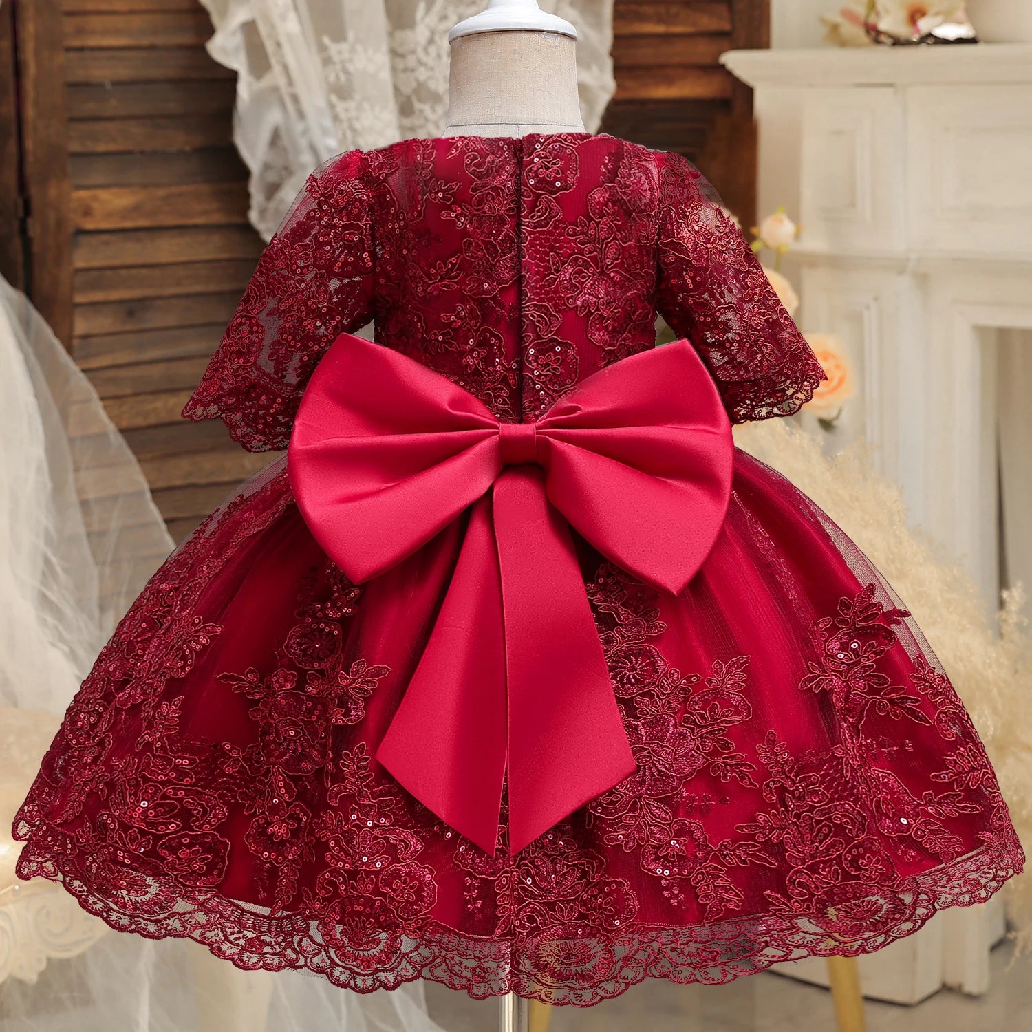 Robe de soirée de baptême pour filles, Costume de princesse de luxe brodé, dos nu, avec nœud, robe de mariée pour bébés, 1er anniversaire