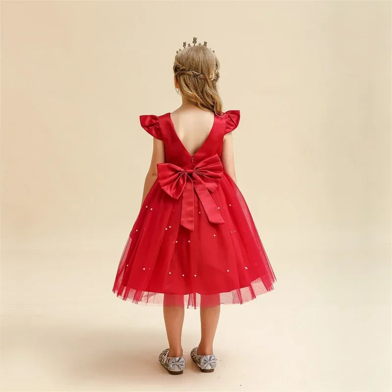 Robe de princesse de noël rouge pour petites filles, jolie robe Tutu de fête de 1er anniversaire pour nouveau-né, dos nu, avec nœud et perles, Costume de noël
