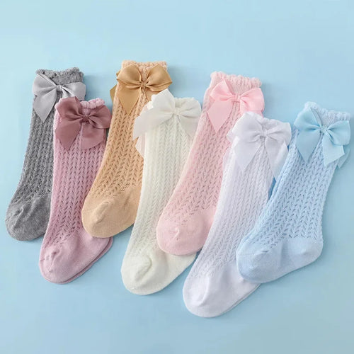 Chaussettes d'été en coton pour bébé fille de 0 à 24 mois, avec nœud en maille et dentelle, aux genoux, pour nouveau-né, princesse, longues, nouvelle collection 2024