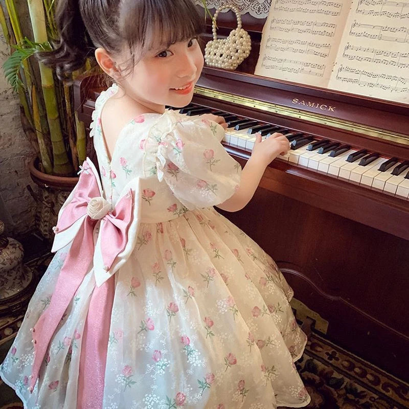 Robe de princesse pour filles, tenue de fête d'anniversaire pour enfants de 2 à 12 ans, à manches bouffantes, avec nœud, tutu, imprimé floral