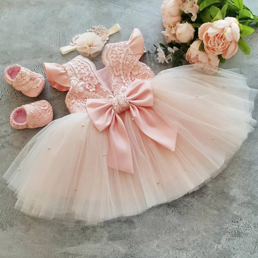 Robe de soirée de baptême pour filles, Costume de princesse de luxe brodé, dos nu, avec nœud, robe de mariée pour bébés, 1er anniversaire