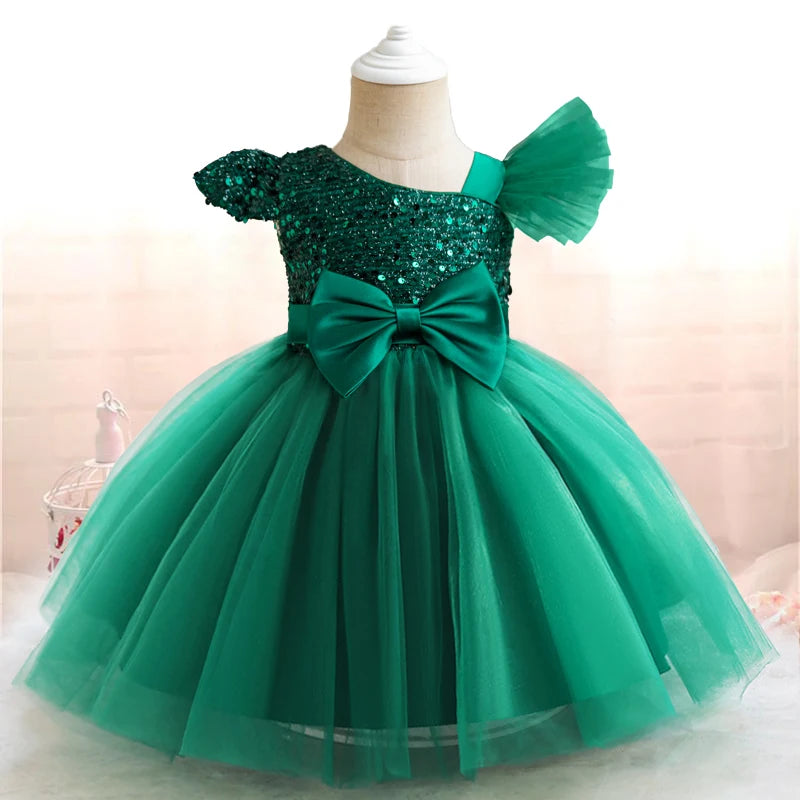 Robes de soirée à paillettes pour bébés filles, robe de princesse avec nœud pour baptême, mariage, anniversaire de 1 an, robe de demoiselle d'honneur en Tulle