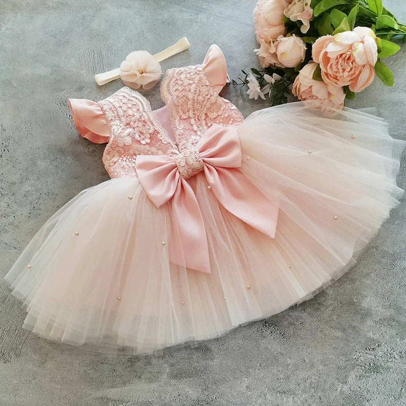 Robes de soirée à paillettes pour bébés filles, robe de princesse avec nœud pour baptême, mariage, anniversaire de 1 an, robe de demoiselle d'honneur en Tulle