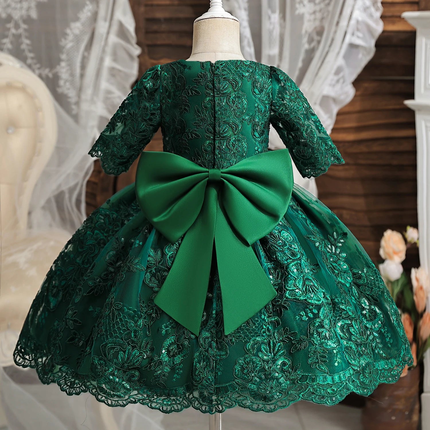 Robe de soirée de baptême pour filles, Costume de princesse de luxe brodé, dos nu, avec nœud, robe de mariée pour bébés, 1er anniversaire