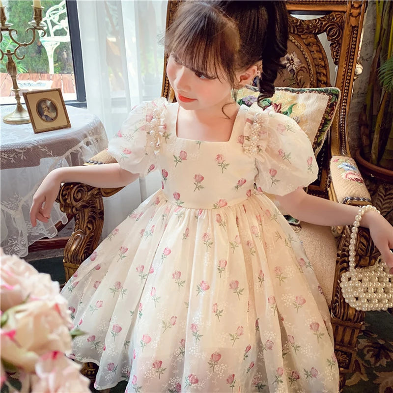 Robe de princesse pour filles, tenue de fête d'anniversaire pour enfants de 2 à 12 ans, à manches bouffantes, avec nœud, tutu, imprimé floral