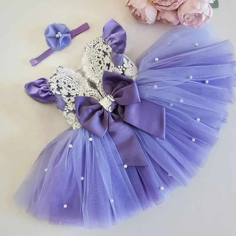 Robe tutu élégante avec nœud & manches évasées – Pour baptême, mariage, gala ou anniversaire
