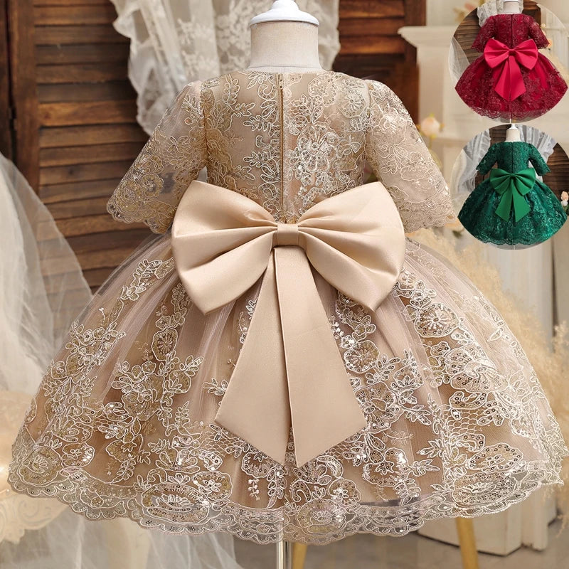 Robe de soirée de baptême pour filles, Costume de princesse de luxe brodé, dos nu, avec nœud, robe de mariée pour bébés, 1er anniversaire