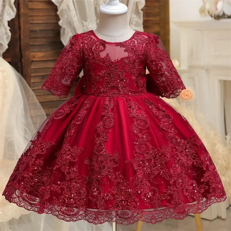 Robe de soirée de baptême pour filles, Costume de princesse de luxe brodé, dos nu, avec nœud, robe de mariée pour bébés, 1er anniversaire