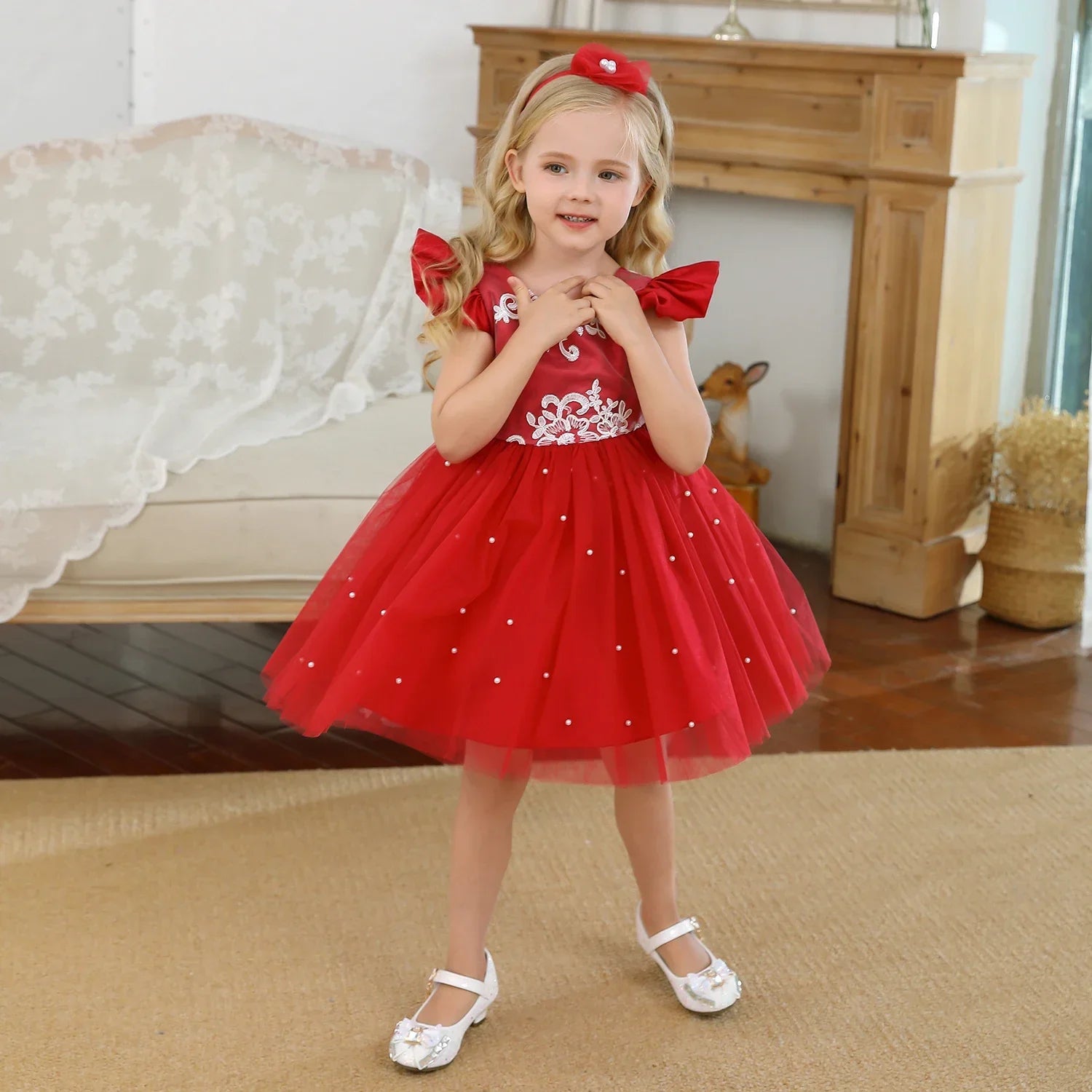 Robe tutu élégante avec nœud & manches évasées – Pour baptême, mariage, gala ou anniversaire