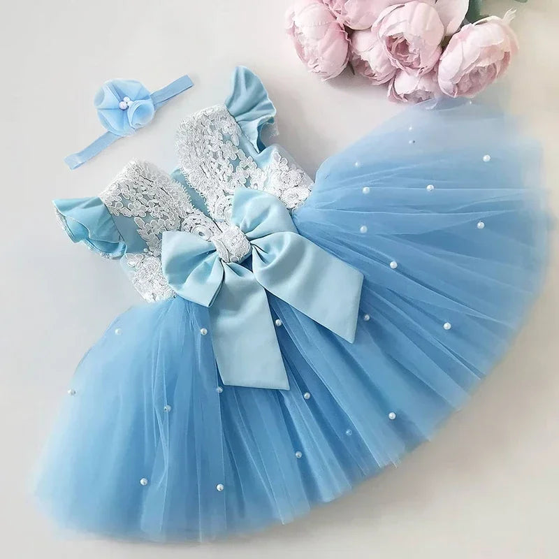 Robe tutu élégante avec nœud & manches évasées – Pour baptême, mariage, gala ou anniversaire