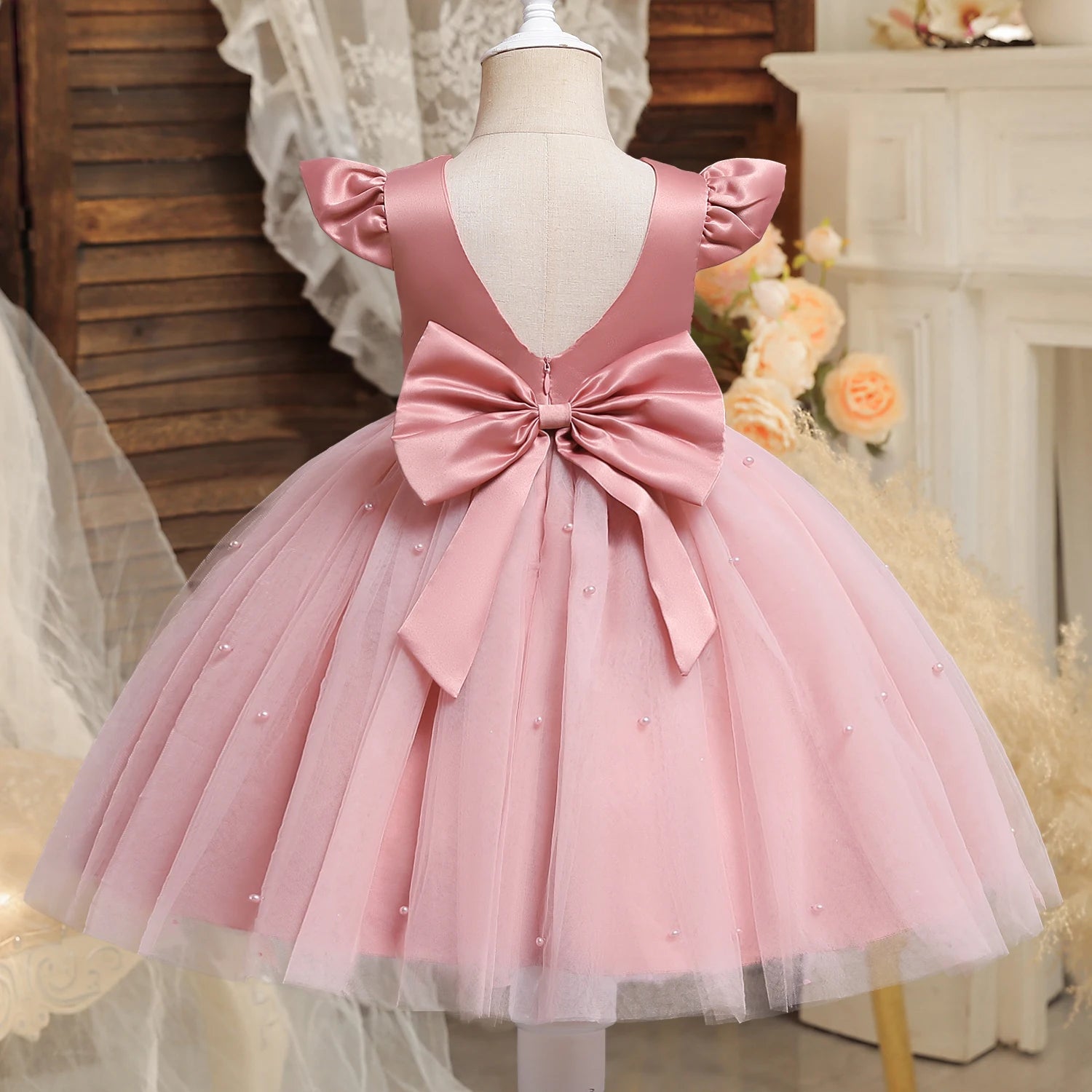 Robe de princesse de noël rouge pour petites filles, jolie robe Tutu de fête de 1er anniversaire pour nouveau-né, dos nu, avec nœud et perles, Costume de noël