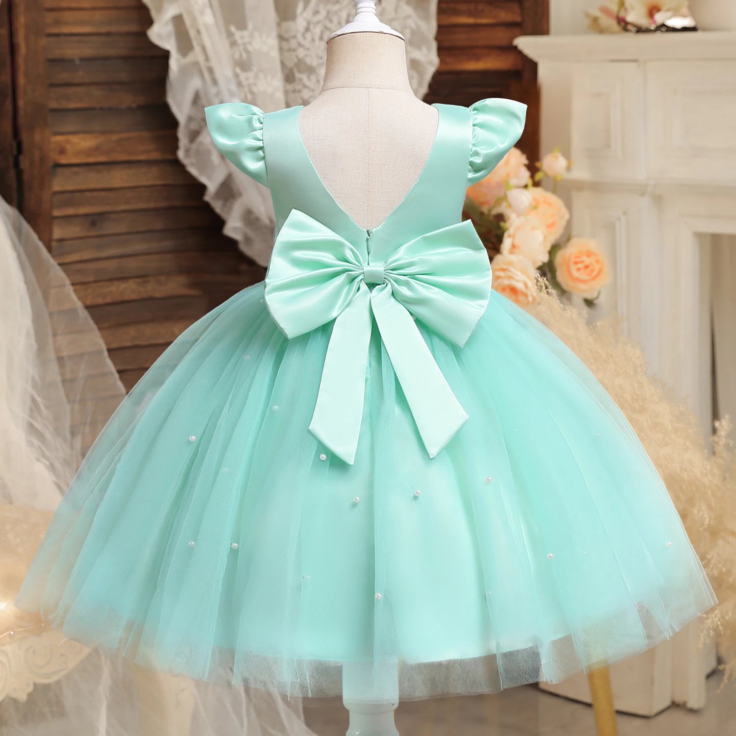 Robe de princesse de noël rouge pour petites filles, jolie robe Tutu de fête de 1er anniversaire pour nouveau-né, dos nu, avec nœud et perles, Costume de noël